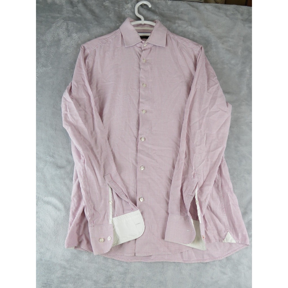 Hugo Boss Shirt Mens 15 38 Slim Fit Red White Micro Check Dress‎ Long Sleeve